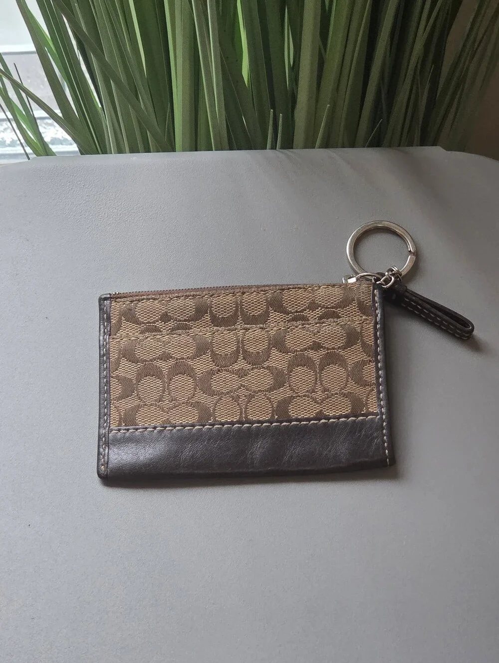 Coach Brown Signature Canvas Card Case Key Ring